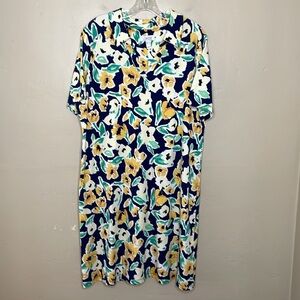 Denim & Company Shift Dress Printed Jersey Polo Collar Y-Neck Blue & Green Lg